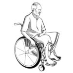 An illustration of a man with a stroke, pushing his wheelchair with one hand.