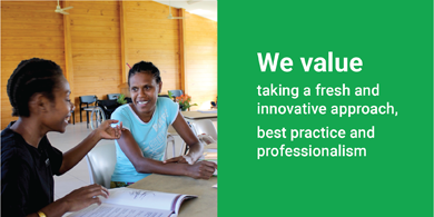 Image is split in half. The left shows a picture of two women sitting at a table having a conversation. Both are smiling. There are open books in front of them. On the right the text reads "We value taking a fresh and innovative approach, best practice and professionalism."