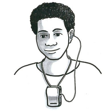 An i illustration of a pacific island woman using a hearing device.