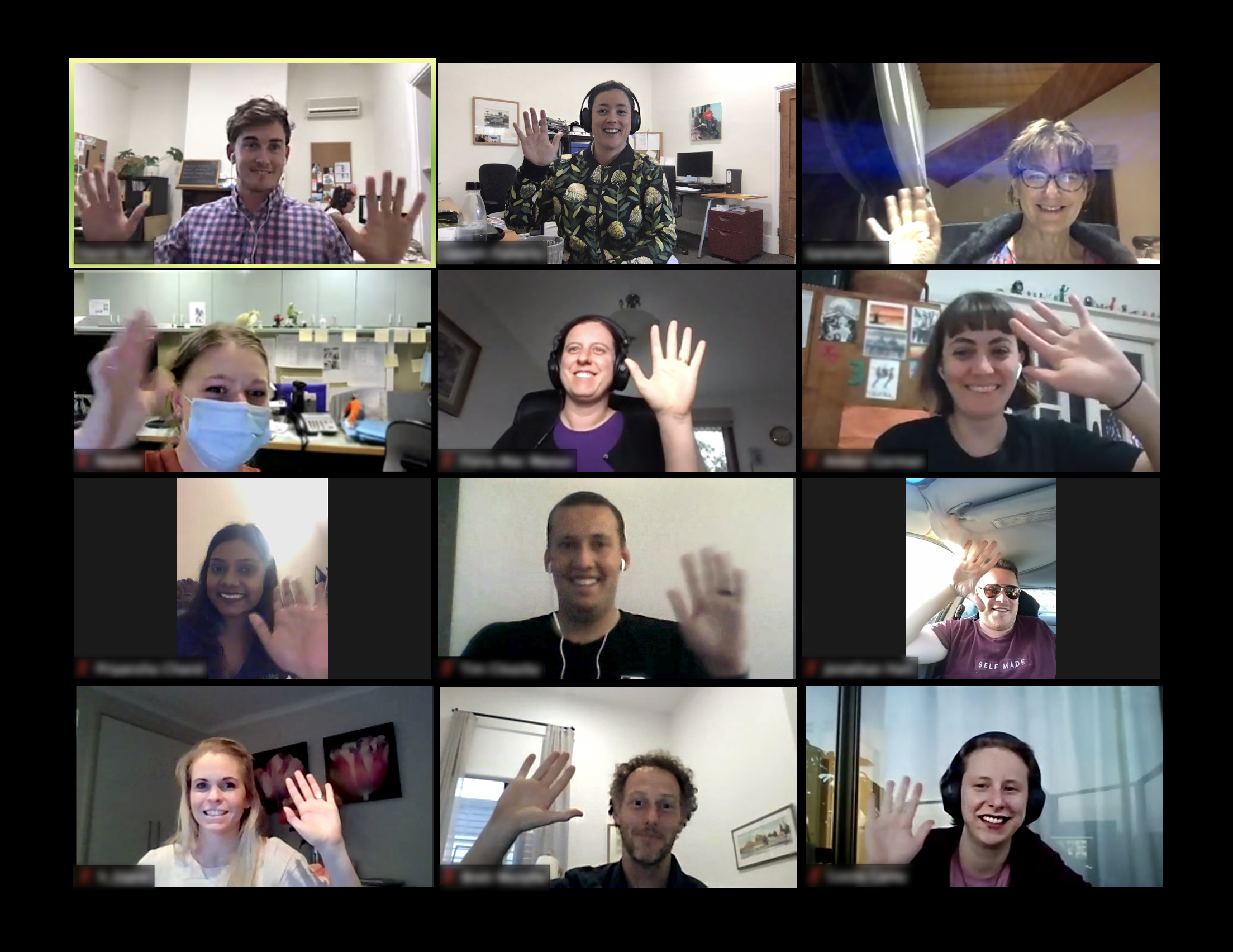 A video call with 12 people all waving at the camera.