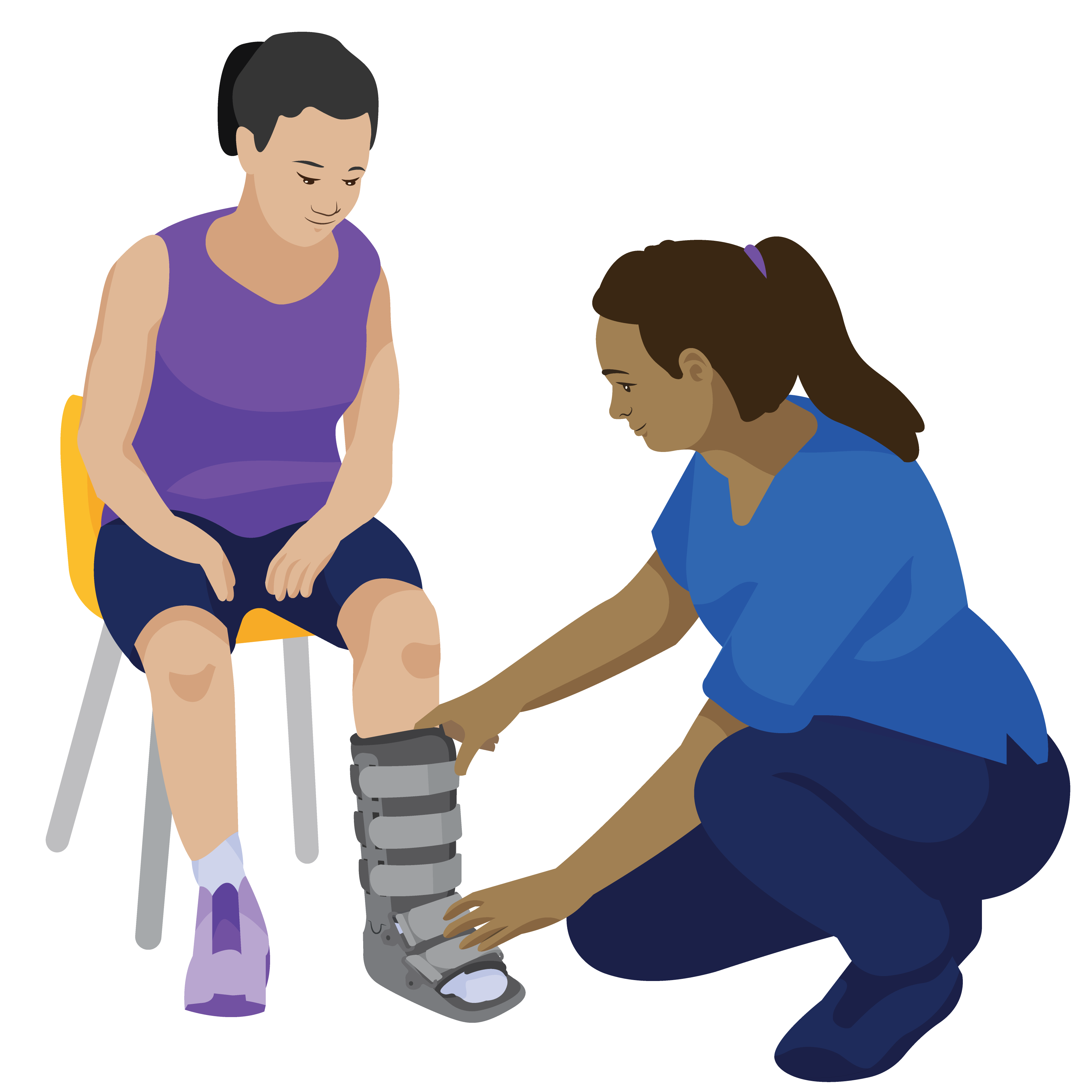 A colourful illustration of a health worker crouching down to check the fit of a rigid removeable boot on a young woman's leg.
