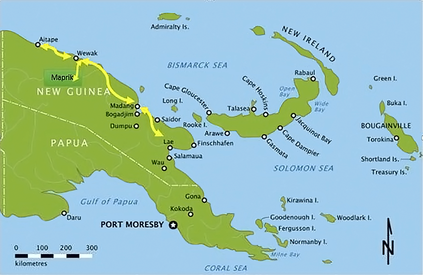 A map of Papua New Guinea showing the distances between Aitape, Wewak, Maprik, Madang and Lae. The distance between these stretch over the north coast of the main island.