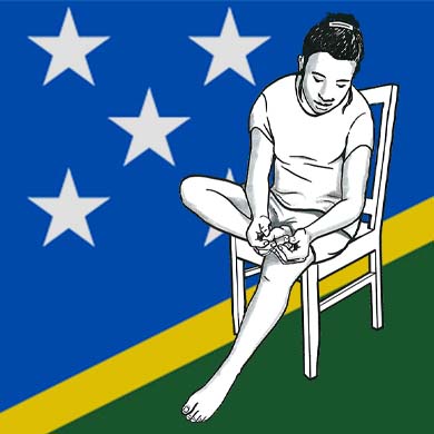 Illustration of a woman checking her foot with the Solomon Islands flag in the background.