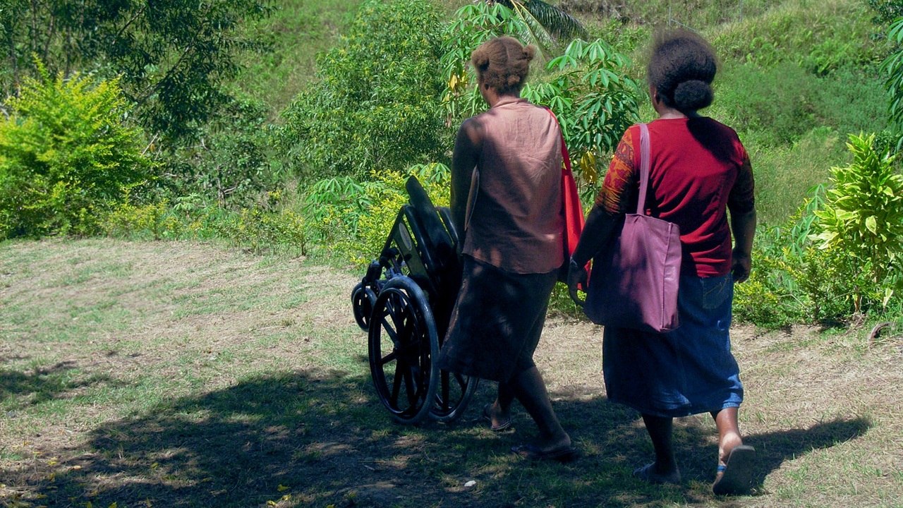 Two women walk along a grassy path, one is pushing a partially folded transfer wheelchair.