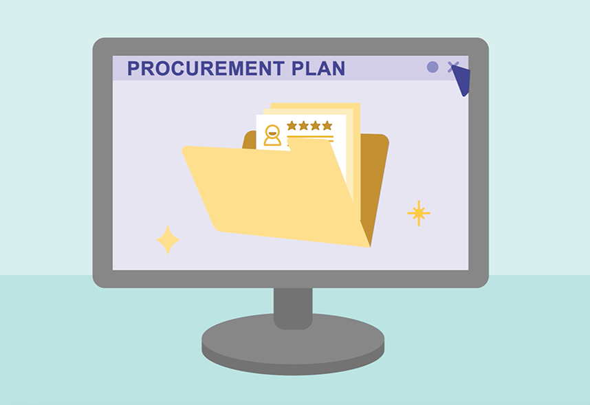 A drawing of a computer screen with a large folder called 'procurement plan' on it. The files inside are sparkling.